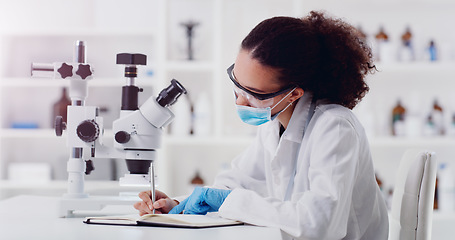 Image showing Science, writing and woman scientist with microscope for research, medicine and data analysis in lab. Laboratory, healthcare and lady health expert with book for medical, results and sample checklist