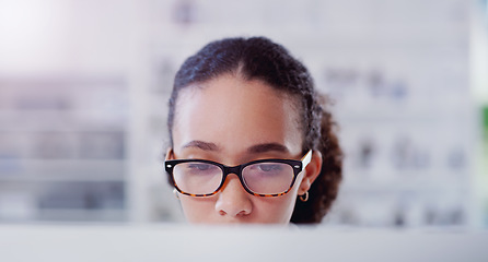 Image showing Science, focus and online with woman in laboratory for thinking, medical report and network. Healthcare, pharmacy and expert with female scientist for internet, technology and medicine study