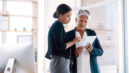 Image showing Collaboration, mentor and business women with tablet for discussion, cooperation and planning. Technology, teamwork and senior manager with female accountant, training intern and coaching in office.