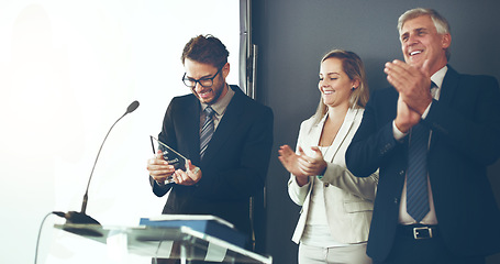 Image showing Business people, staff and employee with an award, applause or promotion with celebration, achievement or goal. Corporate, group or team with consultant, success or clapping with company development