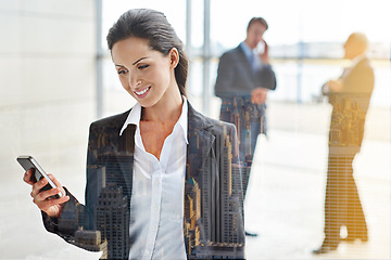 Image showing Phone, typing and business woman in double exposure or city overlay for communication, networking and happy news. Cellphone, feedback or online chat search and corporate person in lobby or office