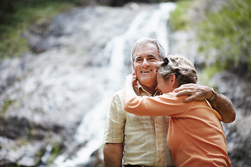 Image showing Nature, love and senior couple hug, funny or retirement with relationship, romantic or loving together. Outdoor, old woman or elderly man embrace, natural or laughing with support, bonding or romance