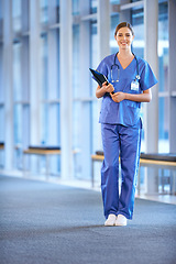 Image showing Healthcare, portrait and nurse with a chart at hospital with smile in medicine or cardiology or intern. Female medical, assistant and nursing with paperwork for medicare information at clinic.