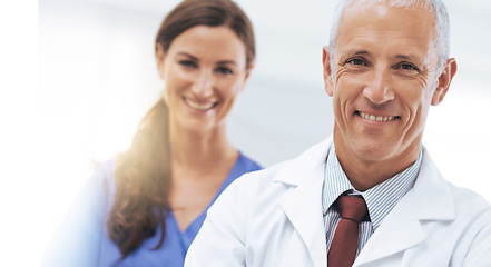 Image showing Doctor, man and woman in portrait with arms crossed for health, wellness and team in hospital. Mature healthcare expert, nurse and professional with medical knowledge, leadership and smile in clinic