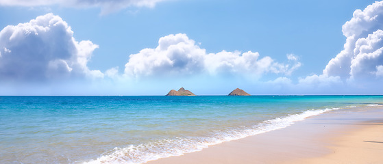 Image showing Beach, water and ocean landscape with clouds in the sky or travel to a tropical paradise, dream vacation or island holiday, Hawaii, summer wallpaper and relax in nature, sun and blue sea waves