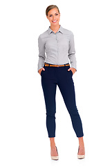 Image showing Business woman, portrait smile and full body standing in confidence against a white studio background. Isolated female person, employee or model posing or smiling with hands in pocket on mockup space