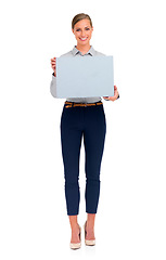 Image showing Woman, portrait smile and poster for advertising or marketing against a white studio background. Isolated happy female person holding sign, placard or billboard for advertisement with mockup space