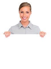 Image showing Happy woman, portrait and billboard for advertising or marketing against a white studio background. Isolated female person smile with poster, sign or banner for business advertisement on mockup space