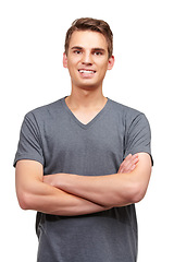 Image showing Style, crossed arms and portrait of man with smile in studio with confidence, attractive and pride on white background. Happy, fashion and face of isolated handsome male person with positive mindset