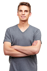 Image showing Fashion, crossed arms and portrait of man in studio with confidence, attractive and pride on white background. Happy, confident and face of isolated handsome male person with trendy casual clothes