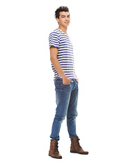 Image showing Fashion, attitude and portrait of man on a white background with confidence, smile and pride in studio. Happy, confident and isolated handsome male person with trendy, stylish and casual clothes