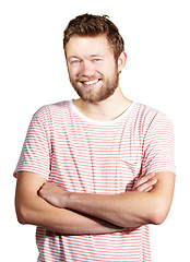 Image showing Fashion, confidence and portrait of man on a white background with crossed arms, happy and pride in studio. Stripes, confident and face of isolated handsome male person with trendy casual clothes