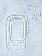 Image showing Illustration, phone call and snow drawing with emergency and network on ground showing sos or signal. Communication, mobile screen and internet connection graphic and sign on floor of snowing and ice