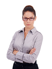 Image showing Serious portrait, arms crossed and business woman for professional, expert legal work or pride of law firm or job. Justice, studio attorney or confident female lawyer isolated on white background