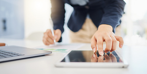 Image showing Office tablet, hands and business person scroll, typing or writing notebook summary of online report, financial info or insight. Corporate manager, finance data and professional worker doing research