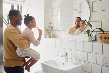 Image showing Brushing teeth, father and child in home bathroom for dental health and cleaning in mirror. African man, girl kid or learning to clean mouth with toothbrush for morning fun, oral hygiene or self care