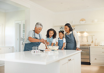 Image showing Grandmother, mom or children baking as a happy family with girl siblings learning cookies recipe at home. Mixing cake, development or grandma smiling or teaching kid to help bake with eggs or flour