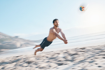 Image showing Sports, moving and man with volleyball, beach or exercise, competition or workout for wellness. Male person, athlete and player with fitness, seaside and game with speed, sand and health with cardio