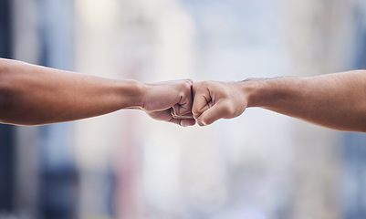 Image showing Closeup, people and hands in fist bump of success, winning and power of teamwork, respect or pride. Friends, hand and emoji of collaboration, motivation and celebrate solidarity, trust or cooperation