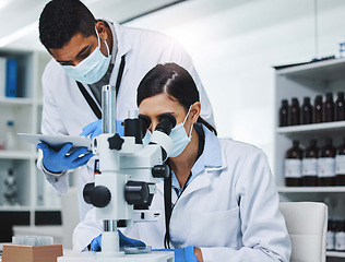 Image showing Science, tablet and man and woman with microscope for research, medical analysis and report in lab. Healthcare, biotechnology and team of scientists with equipment for sample, experiment and medicine