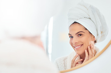 Image showing Woman, mirror and hands on face for skincare, smile and anti aging cosmetic results in bathroom. Facial, beauty and female touching soft, glow and smooth skin after luxury dermatology routine at home