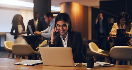 Image showing Phone call, laptop and happy woman on corporate lounge conversation, discussion and smile for online loan info. Support chat, female financial advisor or consultant talking to sales contact on mobile