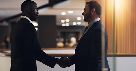 Image showing Handshake, partnership deal or corporate people agreement for client investment, b2b contract negotiation or acquisition. Human resources, business hiring and government job interview with HR manager