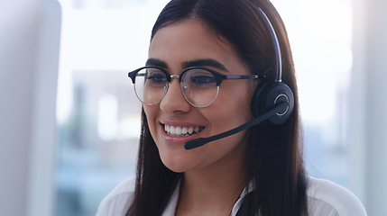 Image showing Call center, smile and business woman in office for customer service, technical support or consulting. Communication, contact us and help desk with female employee for advisory, solution or sale