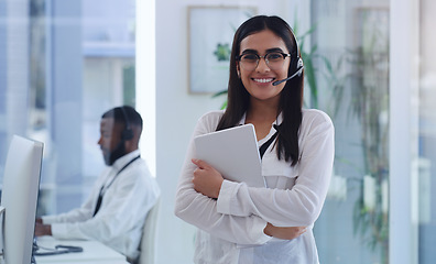 Image showing Call center, business woman and crm portrait with tablet for web support help in an office. Happy, company and telemarketing employee with smile of Indian female person ready for phone consulting