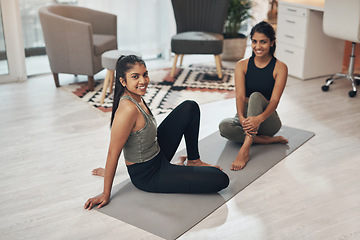 Image showing Friends, yoga exercise and portrait of women together in a house with a smile, health and wellness. Indian sisters or female family in a lounge while happy about workout and fitness with a partner