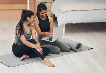 Image showing Women, laptop and exercise together at home with happiness, health and wellness. Indian sisters or female friends in a lounge for online class, yoga website or fitness workout video with a partner