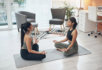 Image showing Friends, meditate and women exercise together in a house for health, mindfulness or wellness. Indian people in a home for meditation workout, lotus pose and fitness with a partner for zen and peace