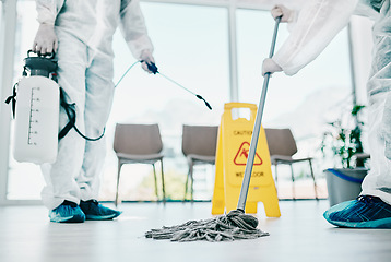 Image showing Covid disinfection, cleaning hospital floor with mop and healthcare compliance for safety and hygiene. Disinfecting liquid, cleaner people in PPE for protection from corona virus with medical policy