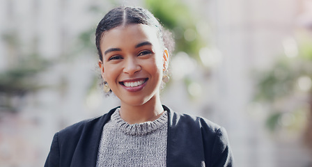 Image showing Smile, portrait and business woman in city for corporate career, professional and happy. Confident, pride and natural with face of female employee in urban outdoors for entrepreneur and modern