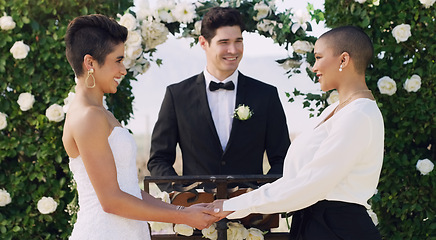 Image showing Love, holding hands and gay with lesbian couple at wedding for celebration, lgbtq and pride. Smile, spring and happiness with women at event in garden for partner commitment, queer and freedom