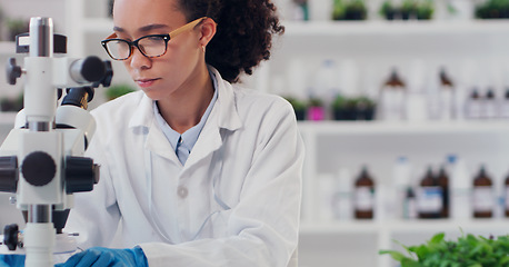 Image showing Science, pharmacy and microscope with woman in laboratory for expert research, medical and planning. Idea, vaccine analysis and medicine with female scientist for chemistry, healthcare and sample