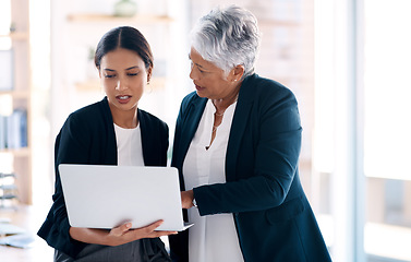 Image showing Teamwork, mentor and business women with laptop for discussion, cooperation and planning online. Computer, collaboration and senior manager with female accountant for training, coaching or internship