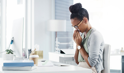 Image showing Sneeze, allergy and blowing nose with business woman in office for illness, virus and hay fever. Sick, allergies and tissue with female employee at desk for cold, disease and influenza infection