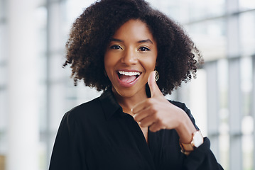 Image showing Black woman in business, face and thumbs up with smile, support and agreement, thank you and success at job. Emoji, hand gesture and excited female professional in portrait with positive feedback