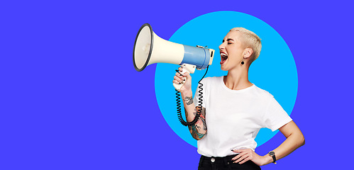 Image showing Megaphone, announcement and woman voice isolated on blue background, banner and speaking, news or broadcast. Speech, opinion and gen z person in studio, mockup and call to action, protest or change