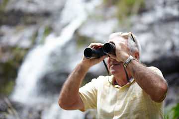 Image showing Binoculars, man and forest or mountain explore for travel, journey or outdoor adventure and carbon footprint tourism. Senior person search or birdwatching experience in nature or eco environment