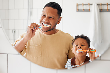 Image showing Brushing teeth, father and child in a home bathroom for dental health and wellness with smile. Face of a man and african boy kid learning to clean mouth with a toothbrush and mirror for oral hygiene