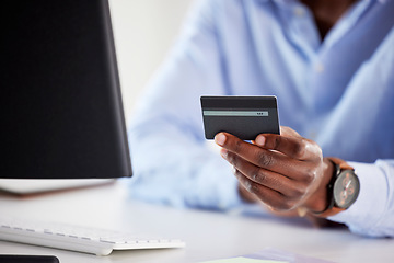 Image showing Hand, black man and computer with credit card, office and online shopping for deal, discount and payment. African customer, cyber security and e commerce with desktop, pc and fintech in workplace