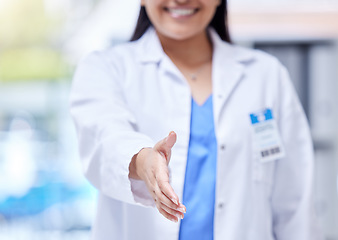 Image showing Doctor, open hand shake and woman with welcome, respect or greeting in hospital, hiring and smile. Female medic, handshake and kindness for partnership, recruitment or agreement in clinic office