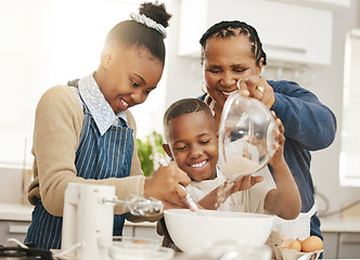 Image showing Happy family, grandma teaching kids baking and learning baker skill in kitchen with help and support. Old woman, girl and boy with flour, development for growth and bake with ingredients at home