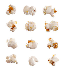 Image showing Food, popcorn kernels isolated and against a white background for snack. Cooking fresh corn or salt nutrition, unhealthy diet or grain and junkfood for movie at cinema against a studio backdrop