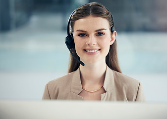 Image showing Customer service, portrait of woman call center agent with headset and in her modern workplace office. Networking or online communication, telemarketing or support and crm with a female person