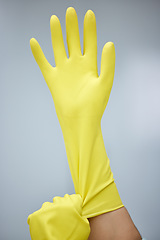 Image showing Hands, cleaning and rubber gloves for safety or hygiene while indoor for chores or housework as a maid. Bacteria, service and latex with a cleaner or janitor getting ready for housekeeping duties