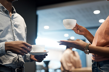 Image showing Coffee break, team and closeup with hands at networking event for a discussion with a partnership. Professional, teamwork and tea for conversation with hand at a company with communication.