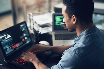 Image showing Man, typing and programmer on laptop in office workplace for data, analysis or statistics. IT, computer and male coder, engineer or person programming, coding and software development for information